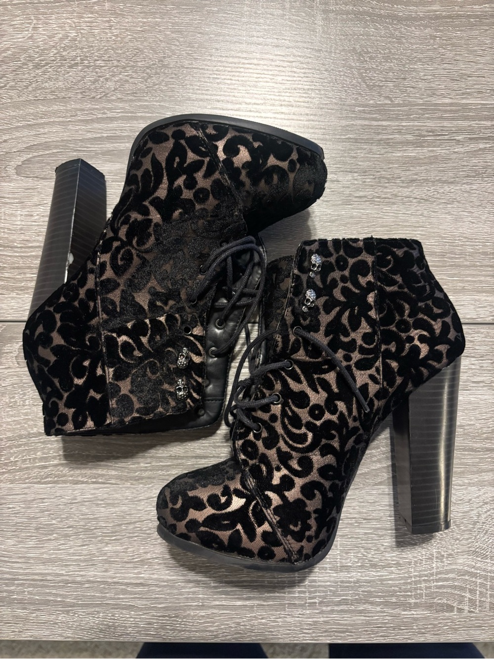 Call It Spring Black Velvet Flocked Lace-Up High Heel Booties